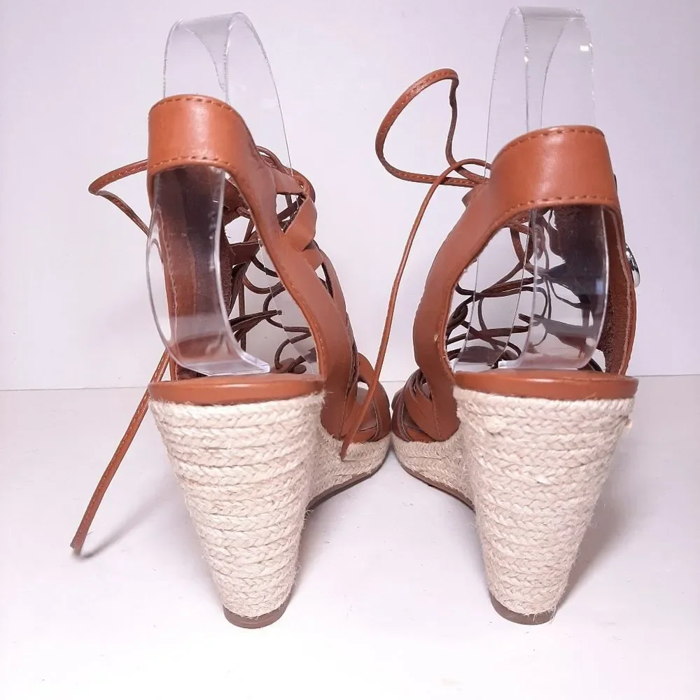Wishbone Faux Leather Strappy Lace Up Espadrille Wedge Sandals Heels Shoes 7